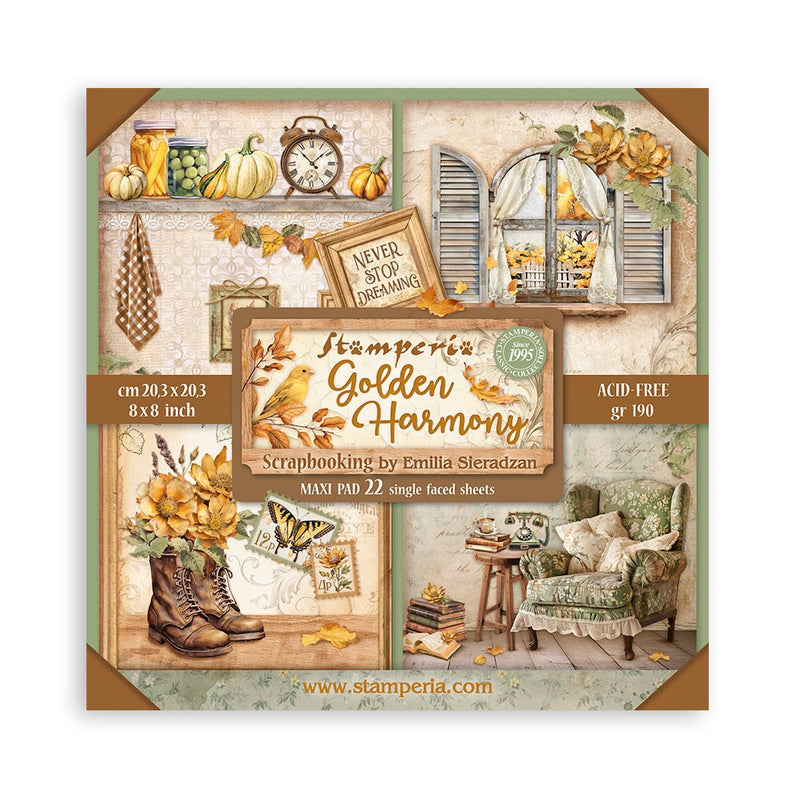 Set 22 Papeles Scrap Golden Harmony 20,3x20,3 Una Cara Stamperia