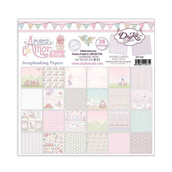 Set 26 Papeles Scrap 20x20 Puro Amor Rosa Dayka (1)