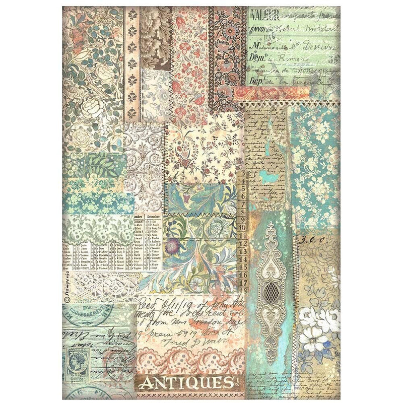 Papel Arroz A4 Brocante Antiques Patchwork Telas Stamperia