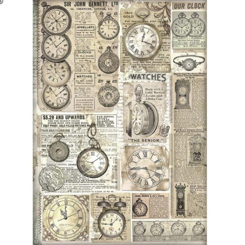 Papel Arroz A4 Brocante Antiques Relojes Stamperia