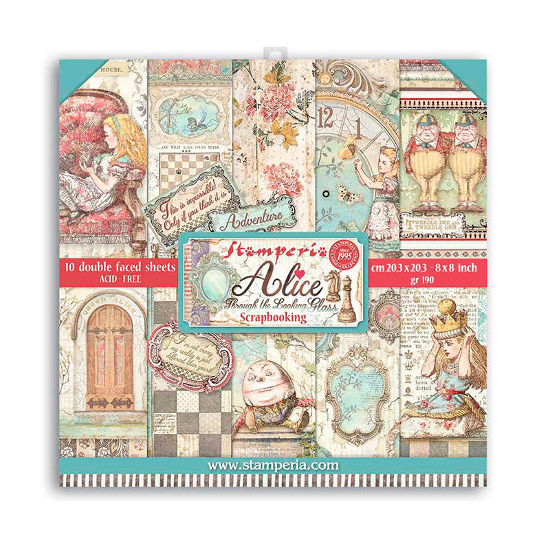 Set Papel Scrap Alice Looking Glass 8x8 Stamperia