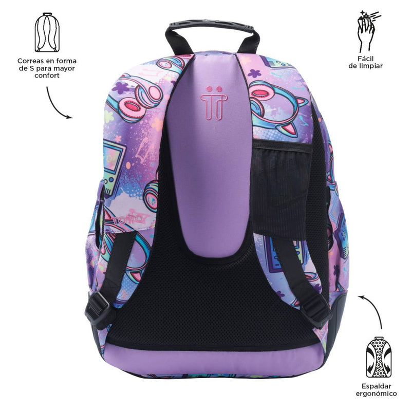 Mochila Escolar Totto Reforzada Morado Meowsical Gaming (2)