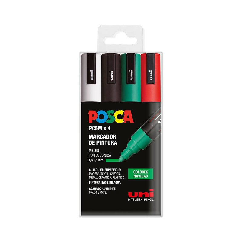 set de rotuladores posca pc-5m de colores navideños rojo, verde, negro, blanco