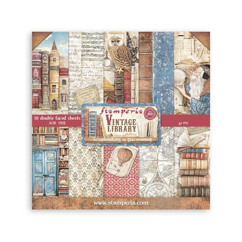 Set 10 Papeles Scrap 20x20cm Vintage Library Stamperia